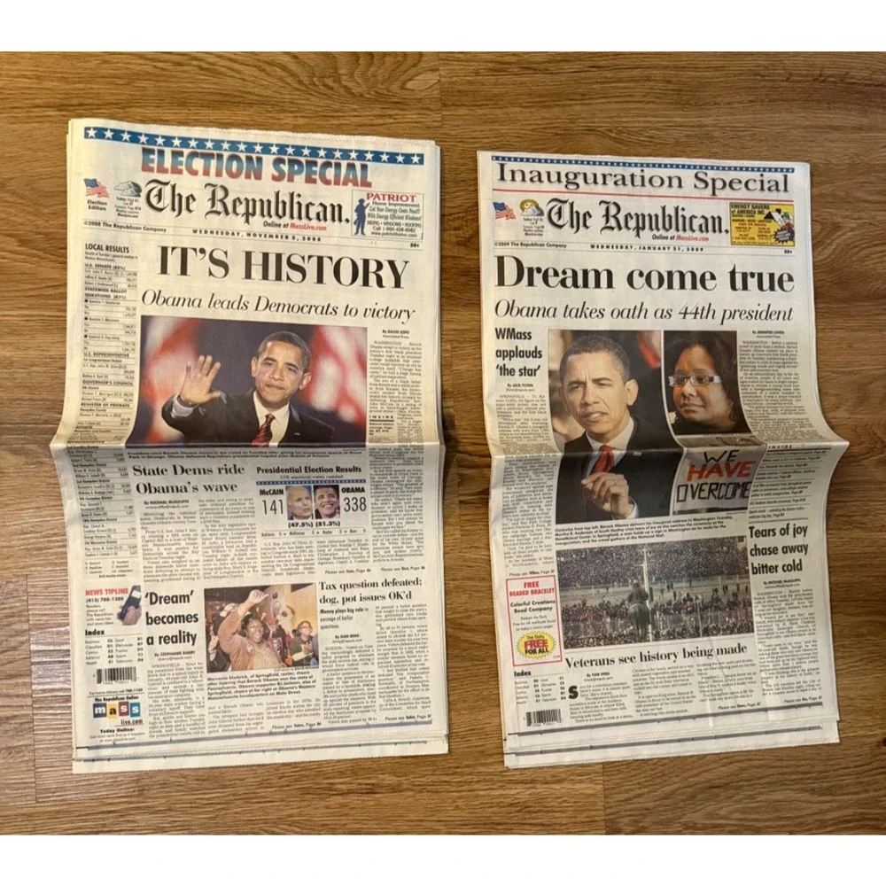 📰🇺🇸 Lot of 2 Historic Obama Newspapers | Election & Inauguration | 2008–2009